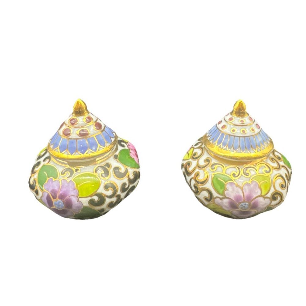 Narai Phand Thai Hand Painted Multi Color w/‎ Gold Floral Porcelain Jar Set Of 2